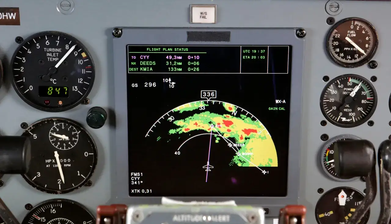 Flugzeugcockpit mit Anzeigen für Temperatur, Treibstofffluss und Wetterradar. Die Anzeige zeigt den Flugplan und die Wetterbedingungen, was für die 60 sichersten Fluggesellschaften wichtig ist.