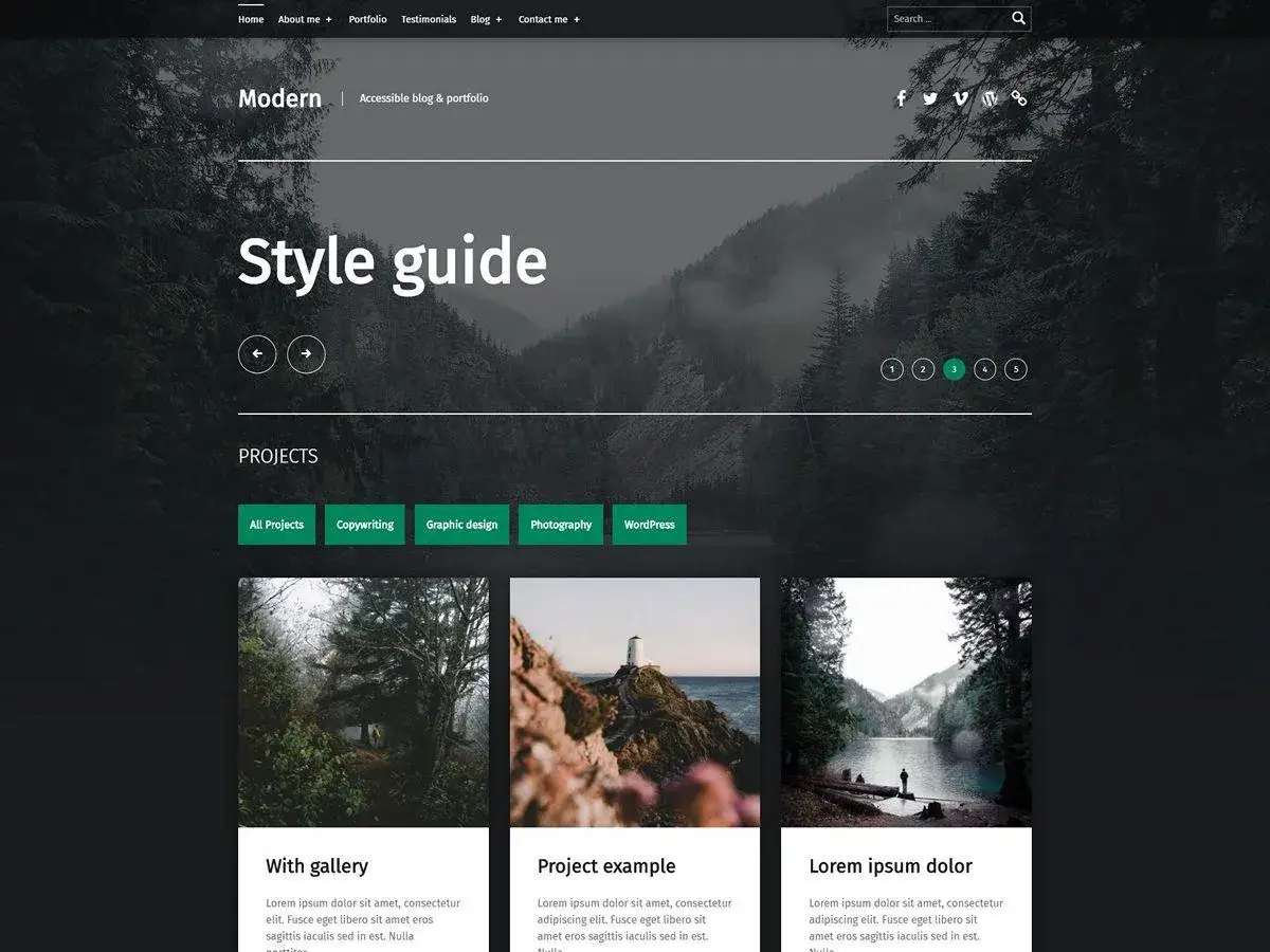 Un template blog WordPress moderne avec un guide de style, des projets et des images de nature.