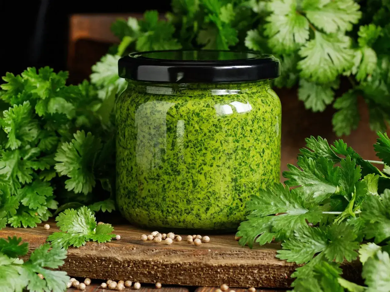 Słoik z zielonym pesto, otoczony świeżą pietruszką zieloną i nasionami kolendry.