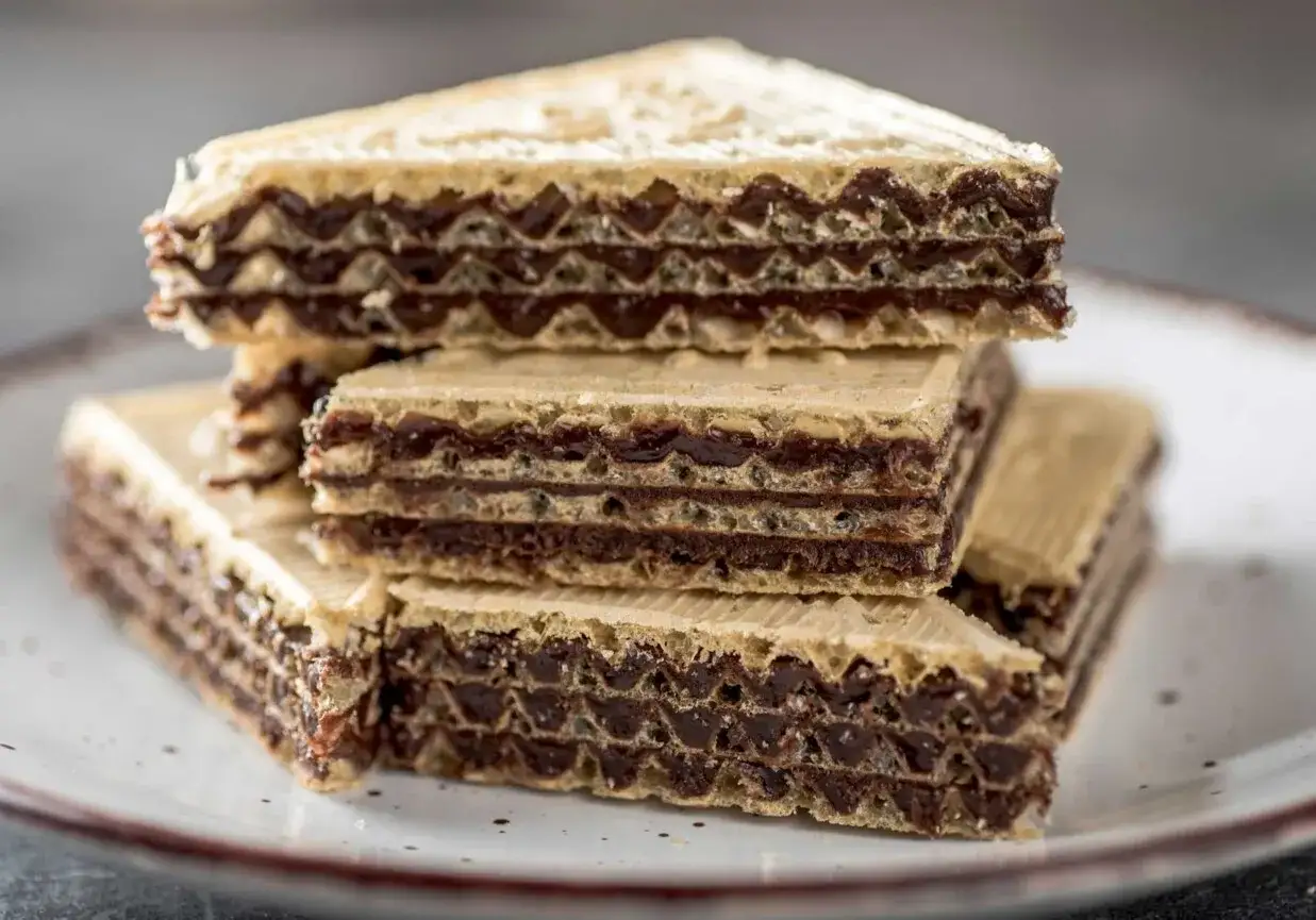 Stos wafli z kremem czekoladowym, idealnych do domowego przepisu na wafle z mlekiem w proszku. Chrupiące i pyszne!