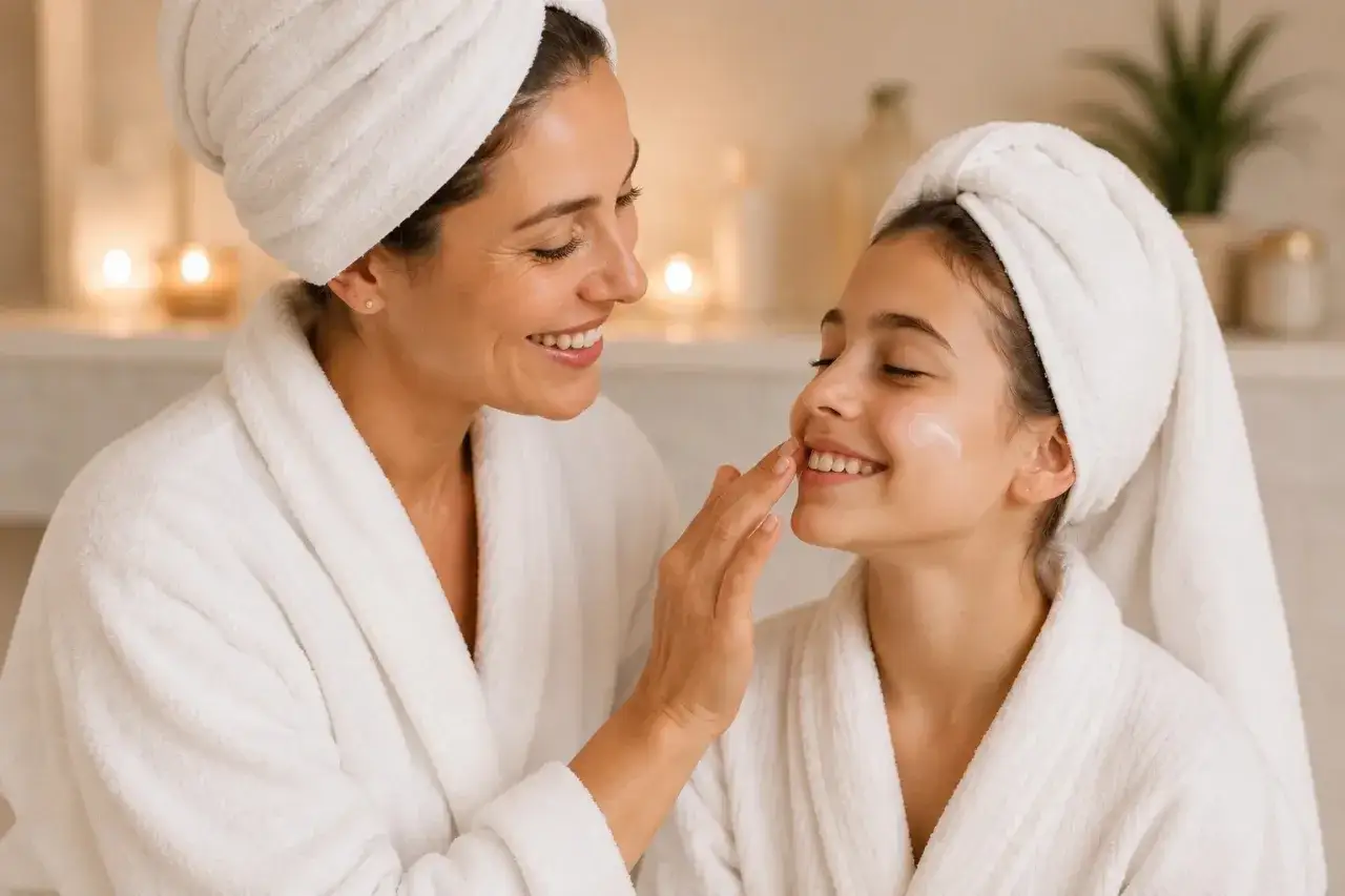 M&egrave;re appliquant une cr&egrave;me sur le visage de sa fille, un moment de soin du visage pour petite fille fait maison. Elles portent des peignoirs blancs et des serviettes sur la t&ecirc;te.