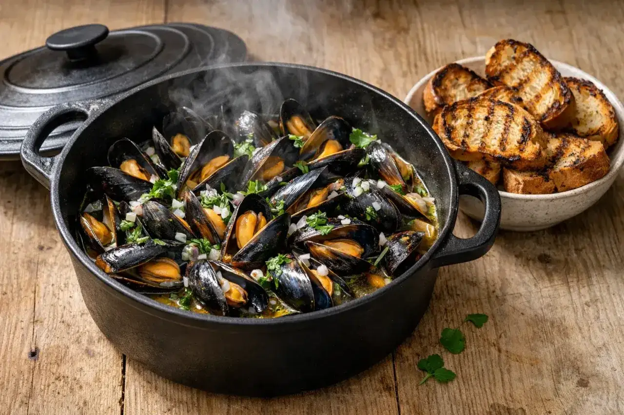 Un plat fumant de moules marinières, garni de persil frais et d'oignons, servi avec des toasts grillés. Un délice à partager.