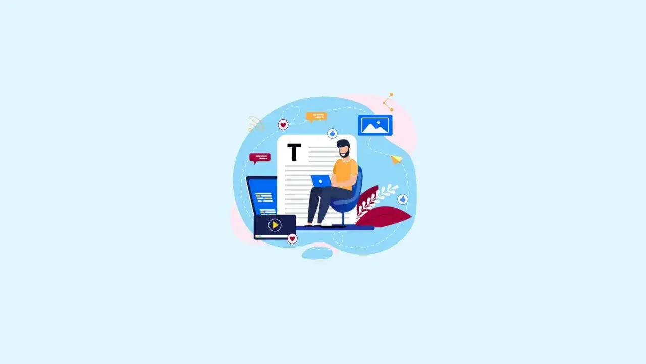 Mężczyzna siedzi przy laptopie, tworząc treści. Ilustracja symbolizuje copywriting kurs i naukę pisania.