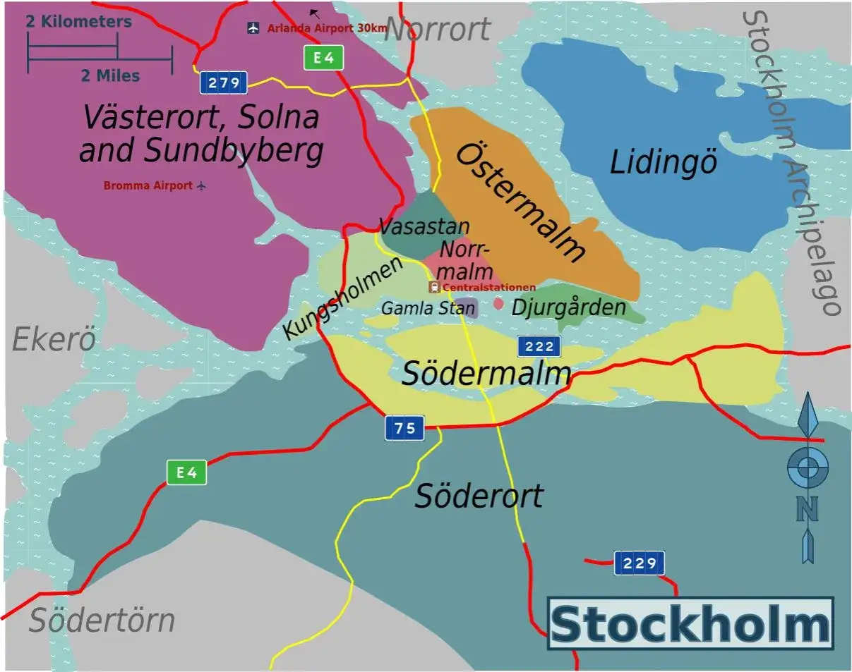 mapa dzielnic Sztokholmu z zaznaczonym centrum i przedmieściami