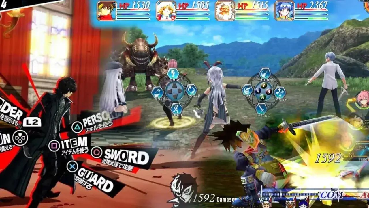 Postacie z gry jrpg walczą z potworem. Widać interfejs gry z opcjami ataku, obrony i przedmiotów.