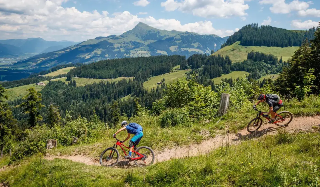 Zwei Mountainbiker genießen eine abenteuerliche Fahrt auf einem Trail in den Alpen. Die atemberaubende Bergkulisse und grüne Wälder bieten die perfekte Kulisse für MTB Touren Alpen.