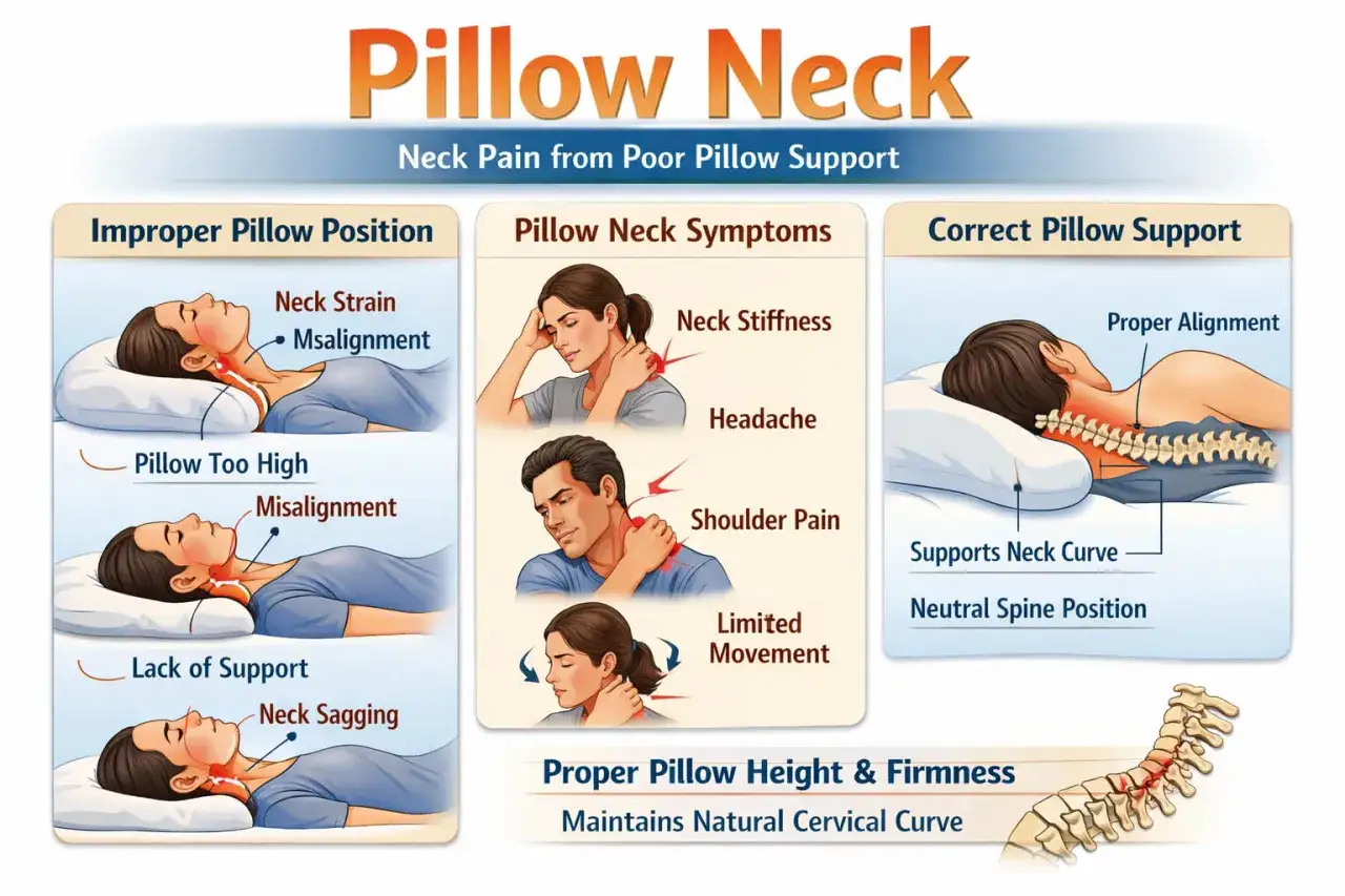 Consequences of sleeping with a pillow too high: neck strain, misalignment, stiffness, headache, shoulder pain. Proper support maintains neutral spine.