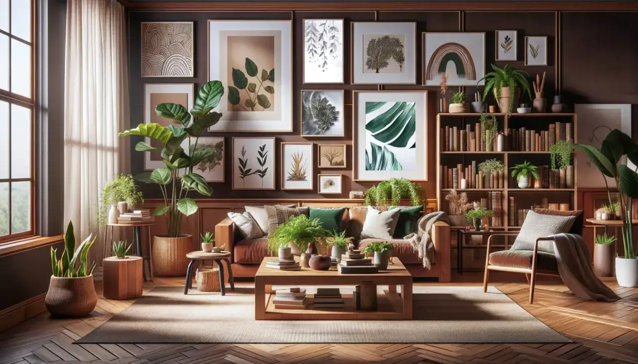 Gemütliches Wohnzimmer mit vielen Pflanzen, Kunstwerken und Büchern. Hier werden Feng Shui Regeln für Harmonie und Wohlbefinden umgesetzt.