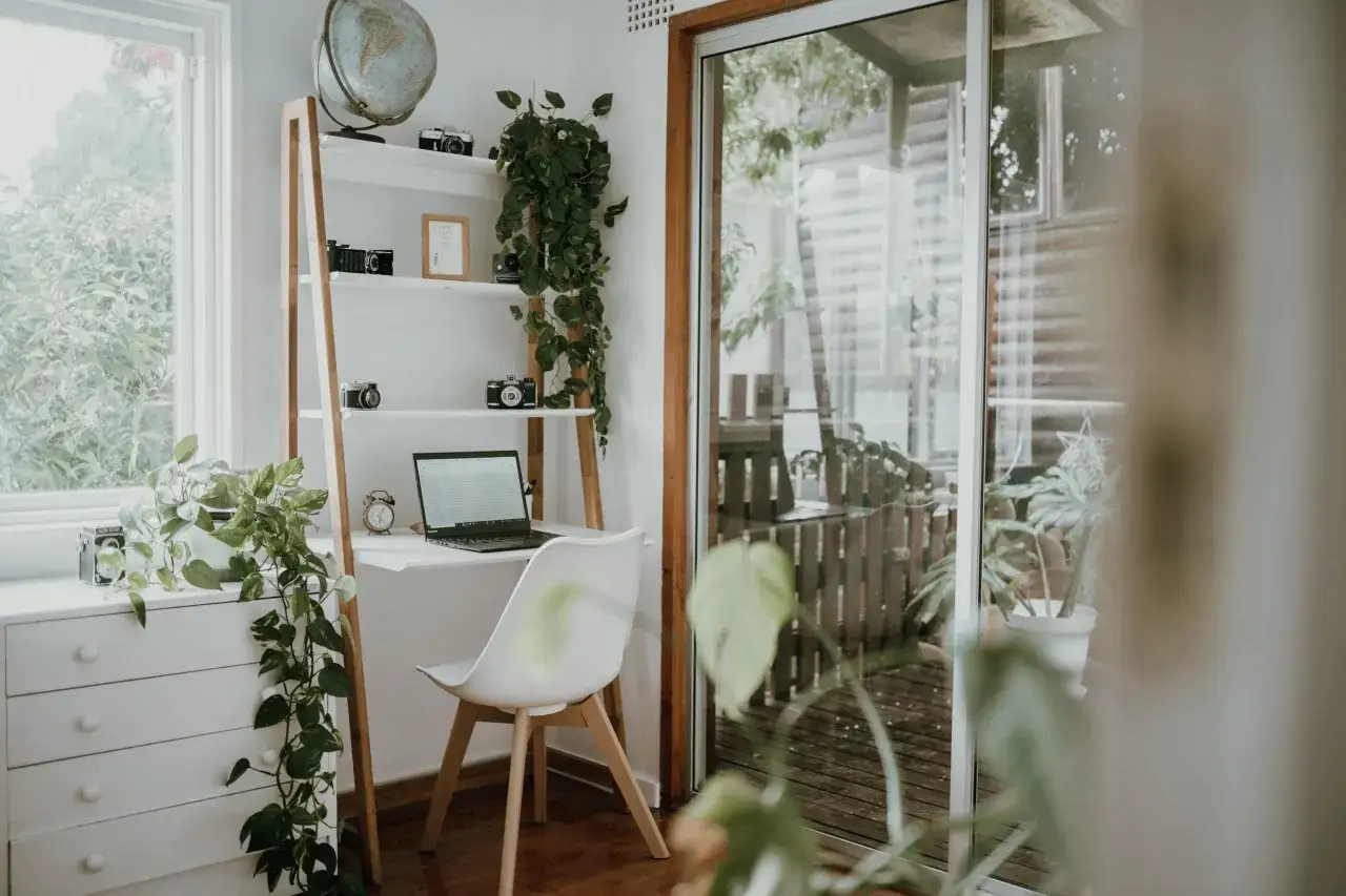 Un escritorio con port&aacute;til y plantas, junto a una estanter&iacute;a con c&aacute;maras antiguas y un globo terr&aacute;queo. La decoraci&oacute;n estanter&iacute;as crea un espacio acogedor.
