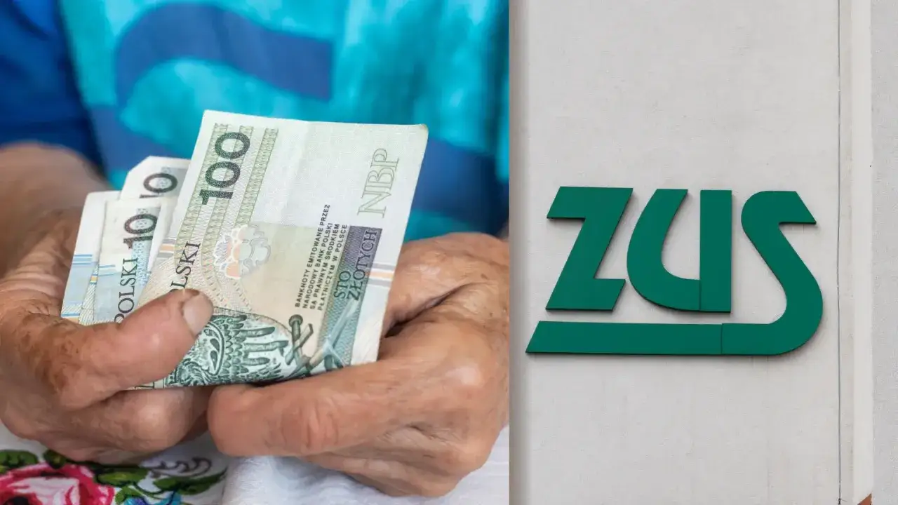 Dłonie trzymają polskie banknoty. Obok zielone logo ZUS, symbolizujące świadczenia, w tym emeryturę pomostową.