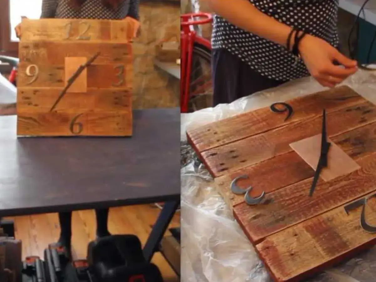 Fabrication d'une horloge rustique en bois de palette. Poncer la palette pour un bel effet.
