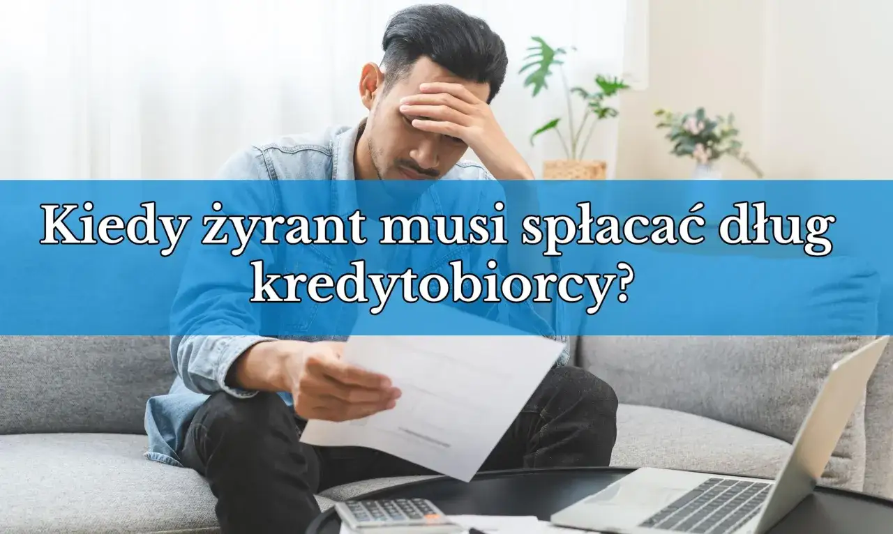 Zmartwiony mężczyzna z dokumentami i laptopem. Kiedy żyrant musi spłacać dług kredytobiorcy?
