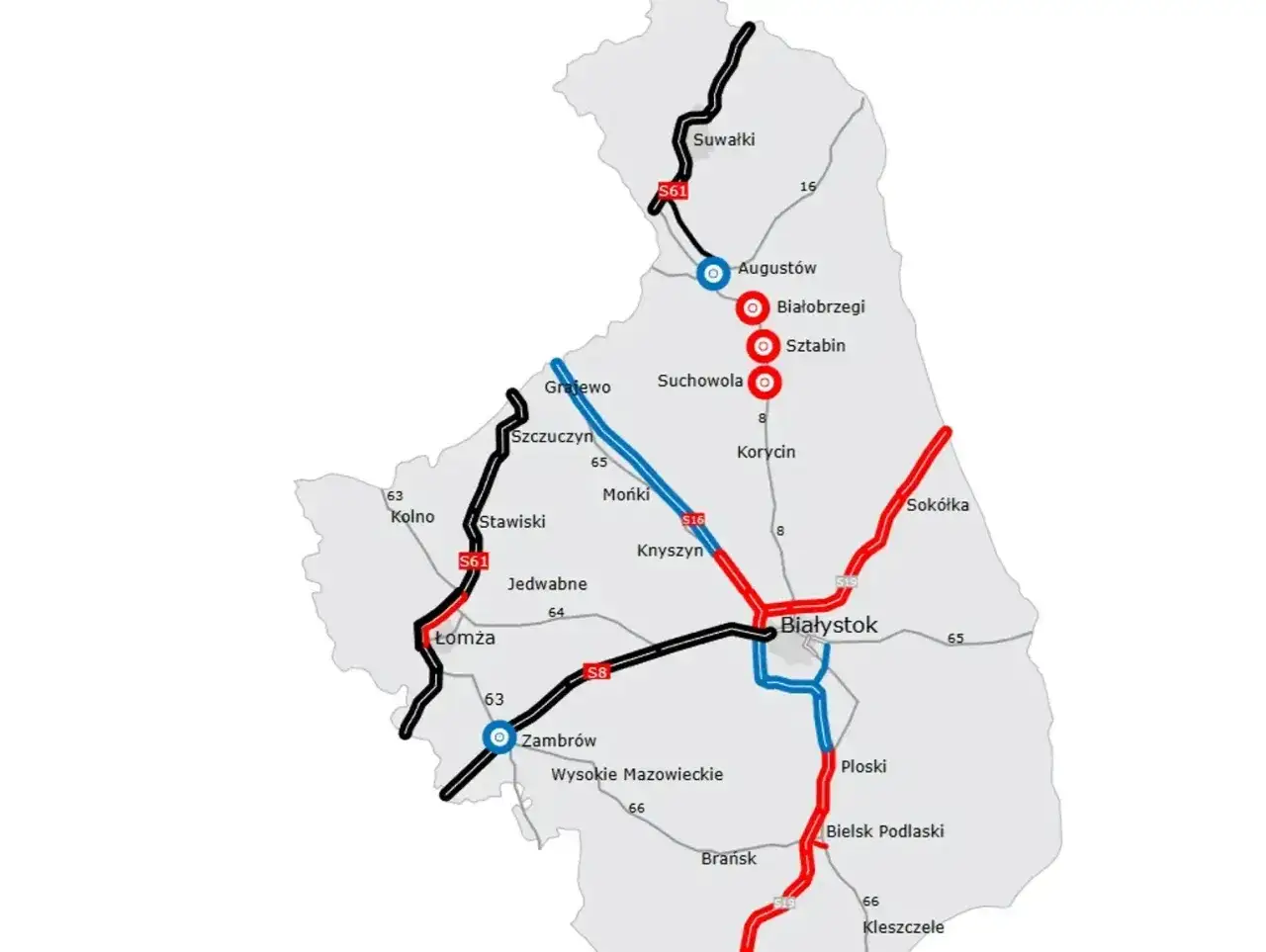 Mapa dróg S61 i S8, z zaznaczonymi miastami jak Augustów, Łomża, Białystok.