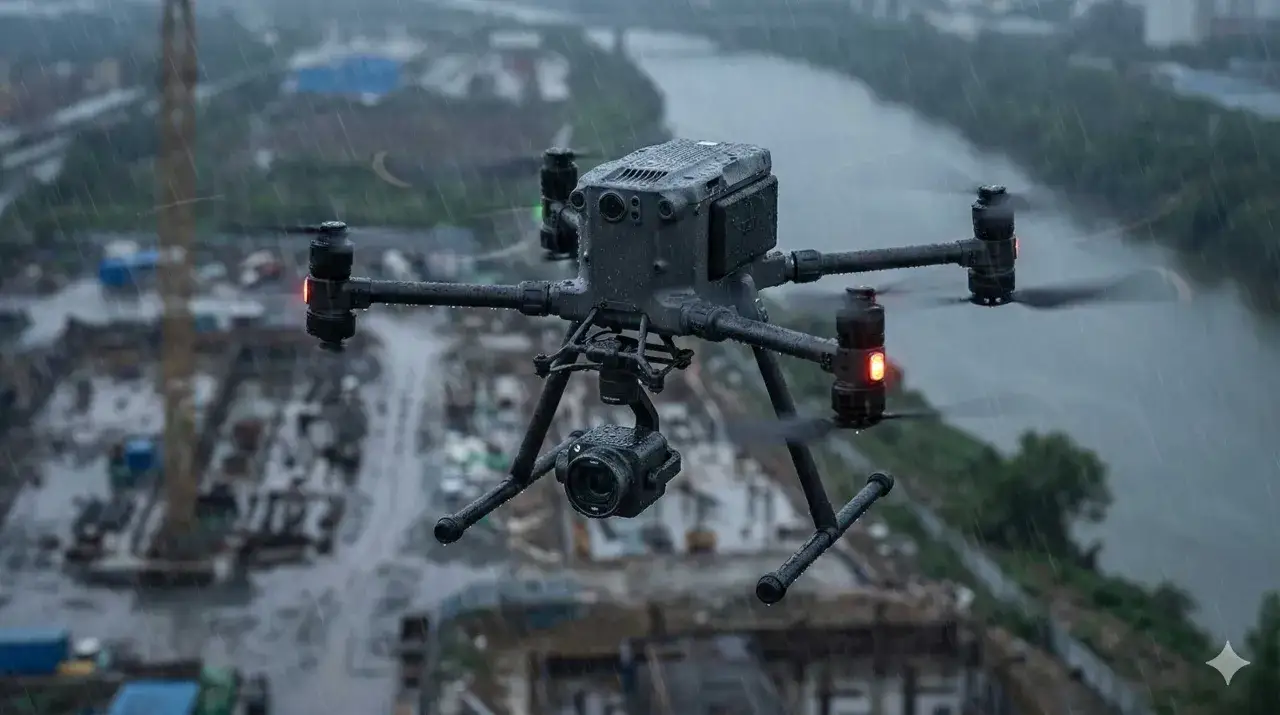 Profesjonalny dron z kamerą w locie podczas ulewy. W tle widać budowę i rzekę.
