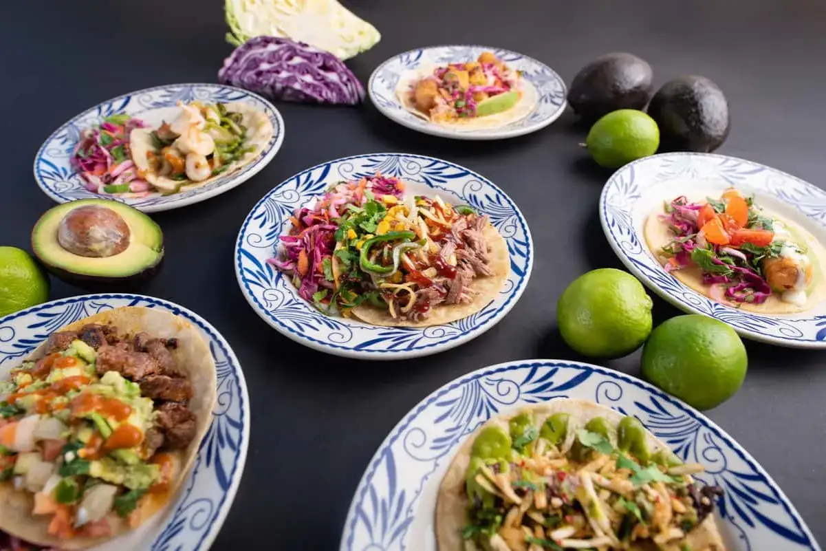 Flera l&auml;ckra tacos med olika fyllningar, som r&auml;kor och pulled pork, serveras p&aring; bl&aring;vita tallrikar. Perfekt f&ouml;r ett tex mex recept!