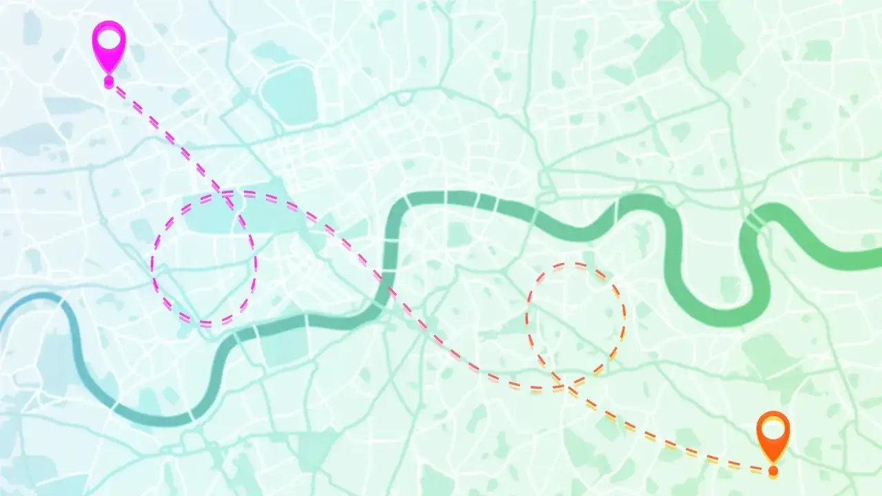 Mapa z zaznaczonymi punktami i trasą. Od Rzymu do Rio, podróż przez miasto, z pętlami i zakrętami.