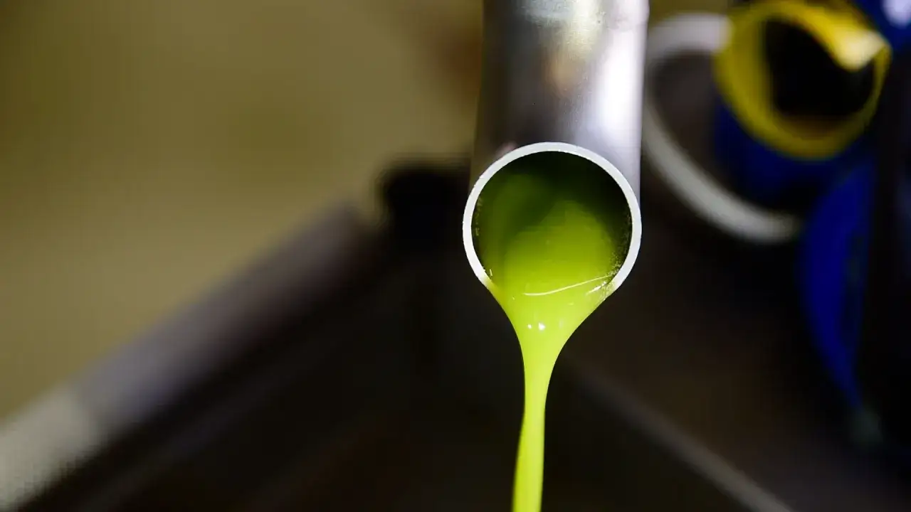 Un filo di **olio verde** sgorga da un tubo metallico, promettendo il sapore autentico della natura.