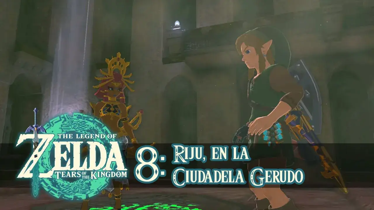 Link se encuentra con Riju en la Ciudadela Gerudo, bajo un rayo de luz.