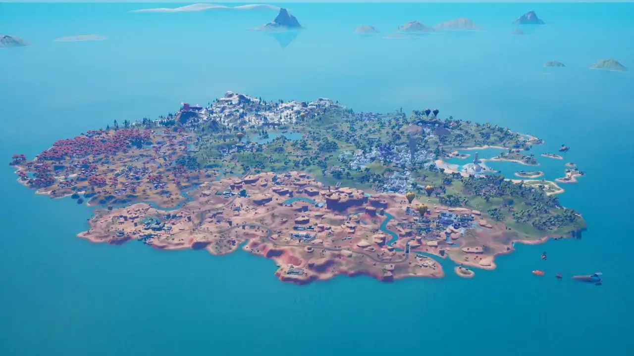 Mapa wyspy z gry Fortnite rozdział 3, zr&oacute;żnicowana pod względem krajobraz&oacute;w: pustynne tereny, lasy i ośnieżone g&oacute;ry.