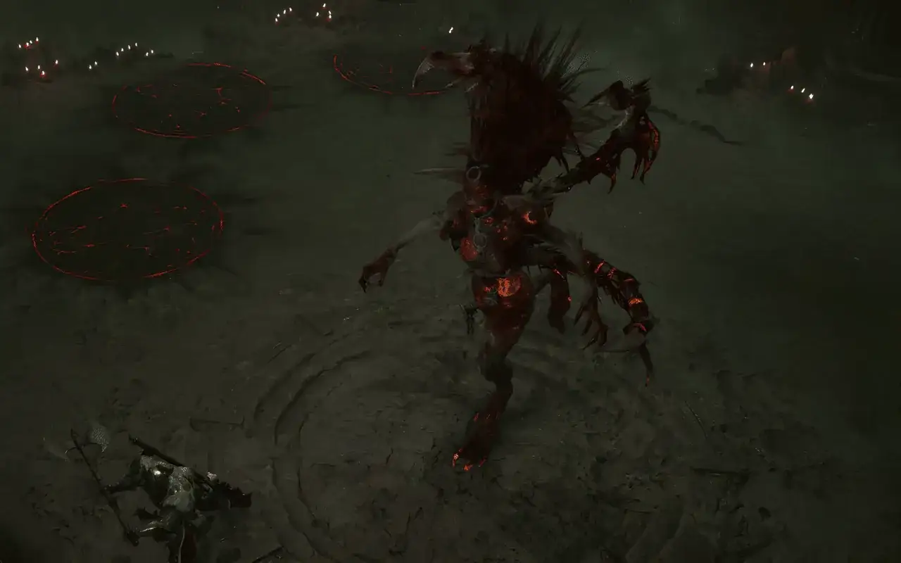 Andariel z Diablo 4, z jej demonicznymi mackami i pazurami, szykuje się do ataku na bohatera w mrocznym, zakazanym kręgu.