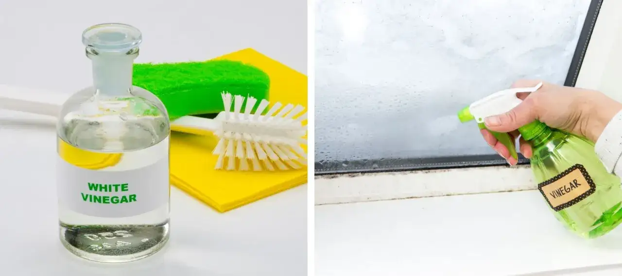 Nettoyer colle carrelage vinaigre blanc : une bouteille de vinaigre blanc et des accessoires de nettoyage, puis une main pulv&eacute;risant du vinaigre sur une fen&ecirc;tre sale.