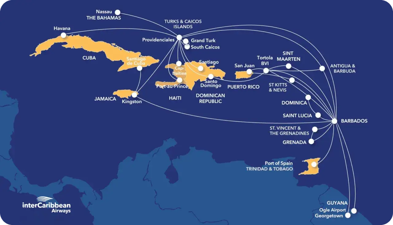 Mapa trasowanych tras lotniczych InterCaribbean Airways, pokazująca rejsy po Karaibach od Kuby po Barbados i Gujanę.