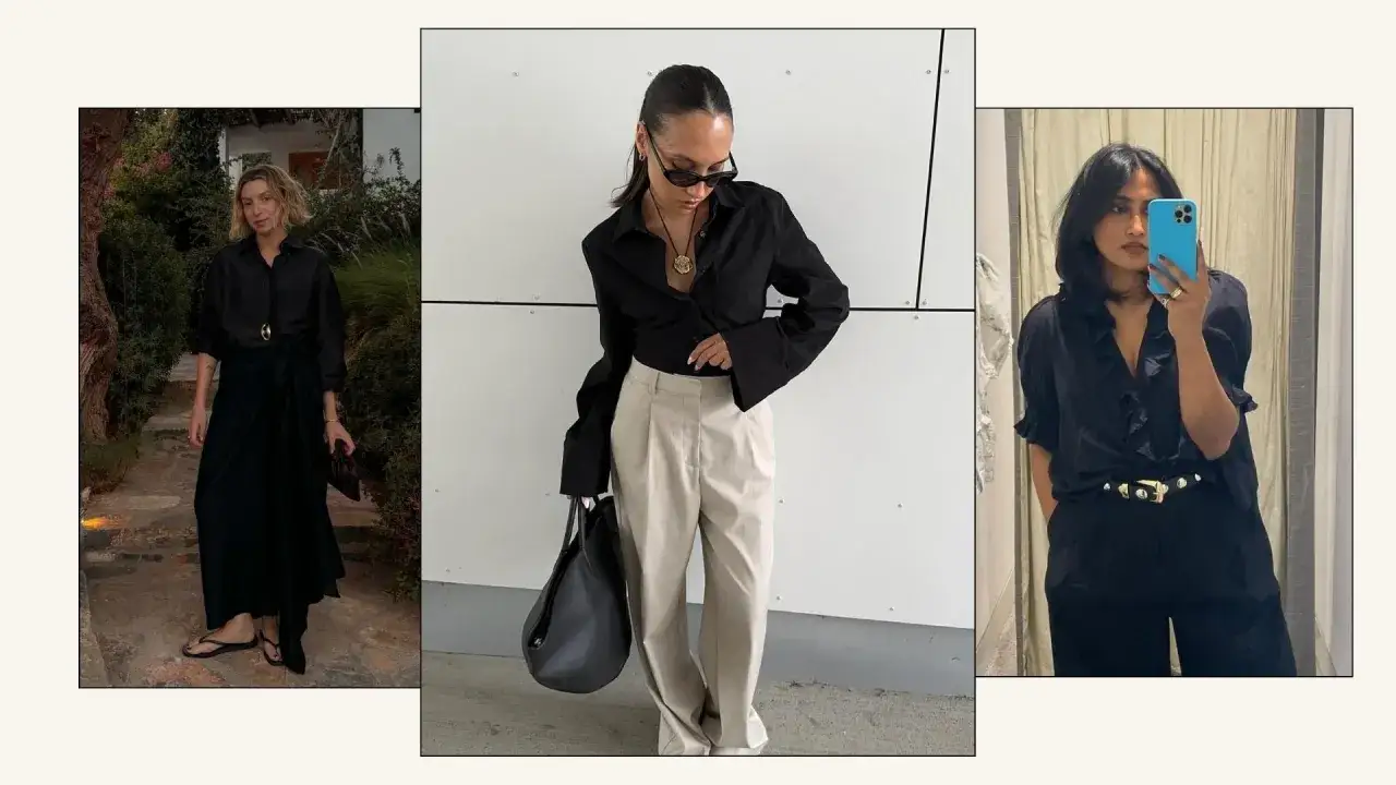 Three women showcase stylish black blouses. One wears a flowing blouse with a wrap skirt, another a fitted blouse with wide sleeves and linen pants, and the third a ruffled blouse with a statement belt.
