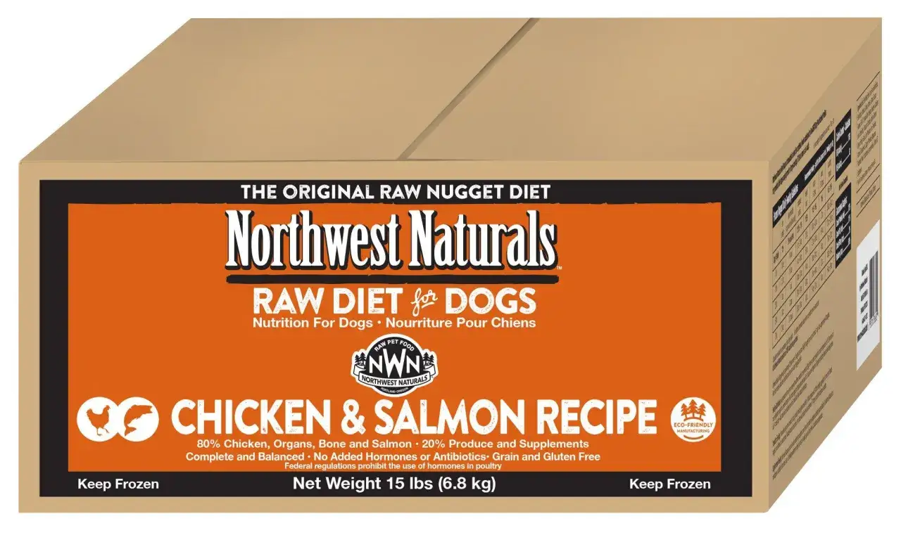 Kartons mit Northwest Naturals H&uuml;hnchen & Lachs Rezept, einer Art BARF f&uuml;r Hunde. Enth&auml;lt 80% Fleisch, Organe, Knochen & Lachs.
