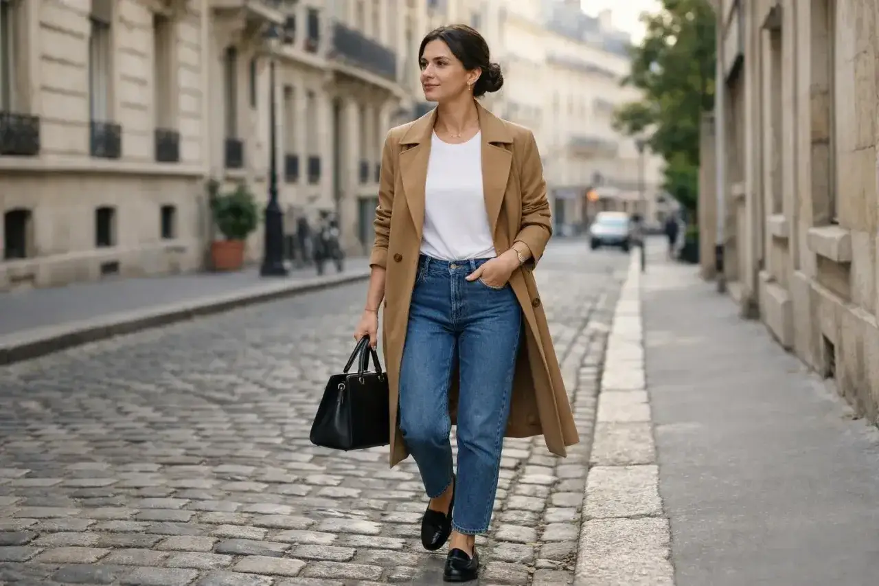 Une femme marche dans une rue pavée, portant un manteau camel, un jean et un sac noir. Elle incarne comment être élégante au quotidien.