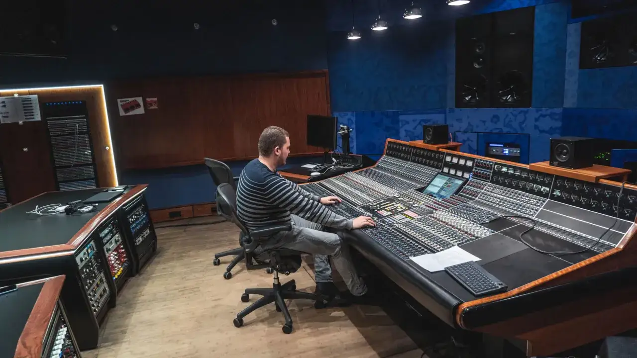 Un ingé son ajuste les faders d'une console de mixage dans un studio d'enregistrement professionnel, entouré d'équipements audio.