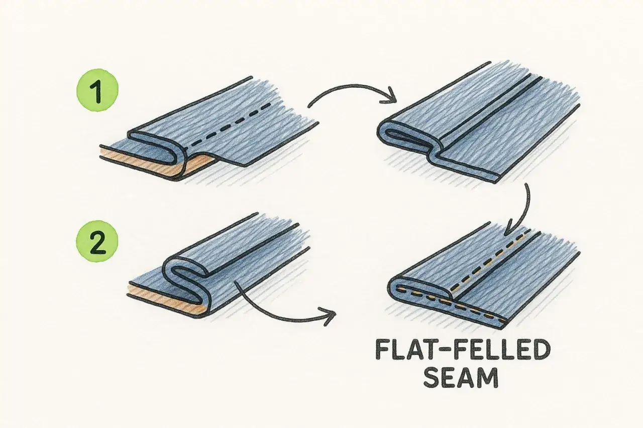 Illustration showing how to sew jeans using a flat-felled seam. Step 1: Fold fabric, stitch. Step 2: Fold again, stitch for a strong seam.