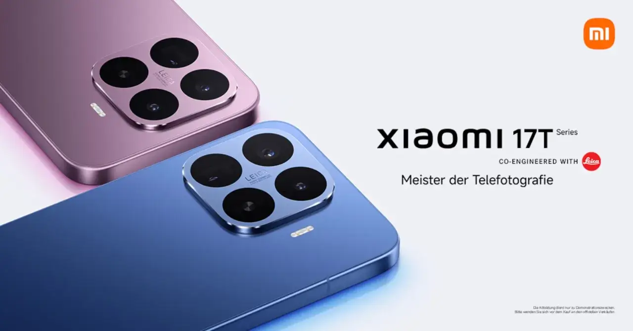 Dwa smartfony Xiaomi 17T Series w kolorach fioletowym i niebieskim, z potrójnymi aparatami Leica.