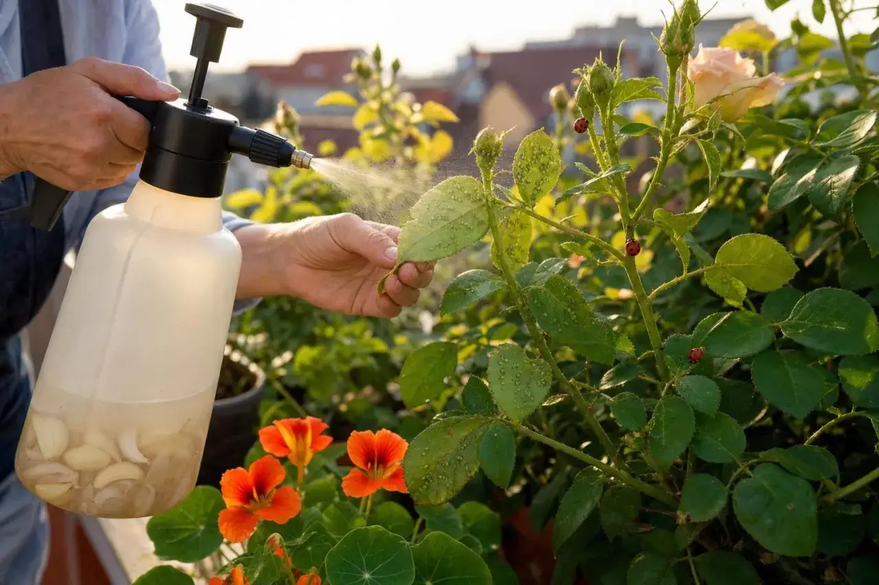 Application d'un traitement naturel à base de savon noir pour éliminer les pucerons sur les rosiers.