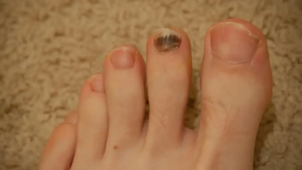 Gros orteil avec un ongle noirci suite &agrave; un traumatisme. Les autres orteils sont sains.