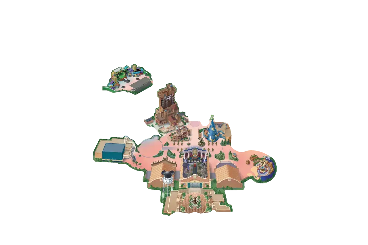 Übersichtskarte von Walt Disney Studios Park: Hier siehst du, was man im Disneyland Paris machen kann, mit dem Hollywood Tower Hotel und dem Aladdin-Themenbereich.