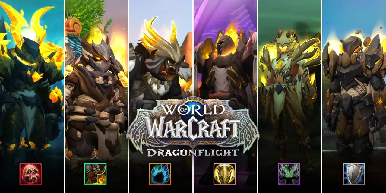 Postacie z World of Warcraft: Dragonflight w zbrojach wow klasy. Od lewej: mroczny wojownik, łowca, szaman, mag, druid i paladyn.