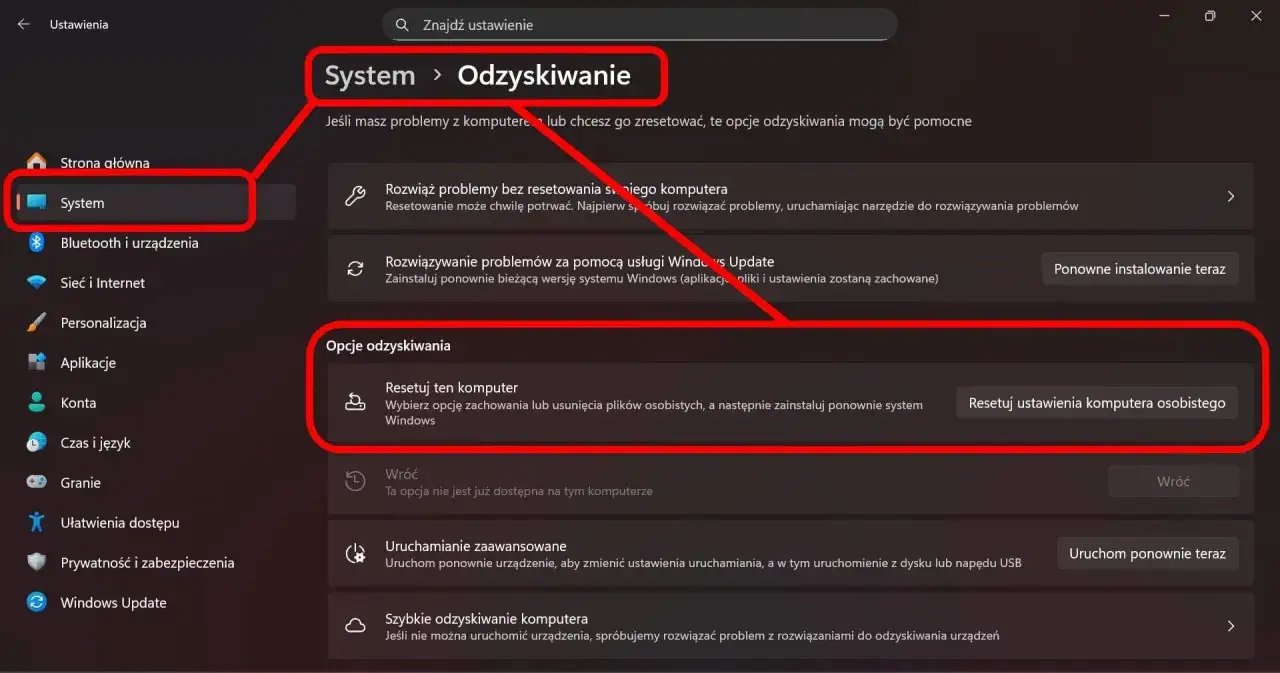 Jak zrobic format komputera win 11? W ustawieniach systemu Windows wybierz 
