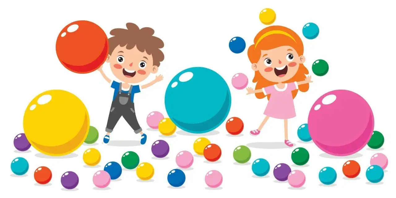 Ni&ntilde;os jugando con pelotas de colores. Un ni&ntilde;o con una pelota naranja y amarilla, una ni&ntilde;a con pelotas rosas y azules.