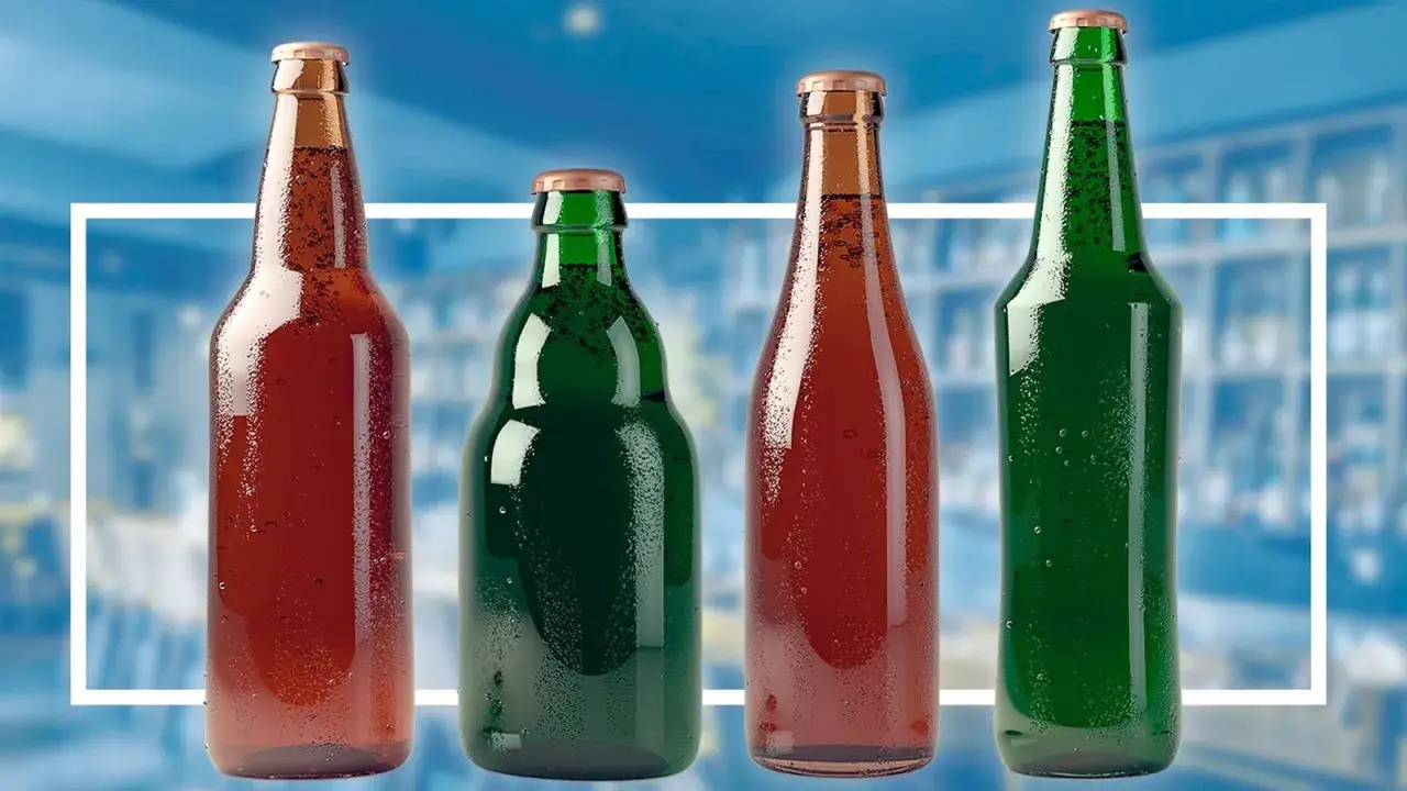 Quatre bouteilles de bi&egrave;re, deux ambr&eacute;es et deux vertes, se dressent sur un fond bleu flou. Un bud et une Budweiser, pr&ecirc;ts &agrave; &ecirc;tre d&eacute;gust&eacute;s.