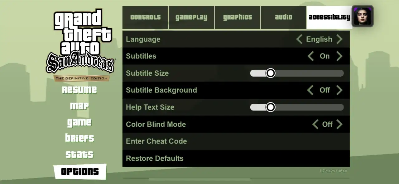 Menú de opciones de Grand Theft Auto: San Andreas Definitive Edition en PS5. Aquí puedes activar trucos San Andreas PS5 y ajustar la configuración.