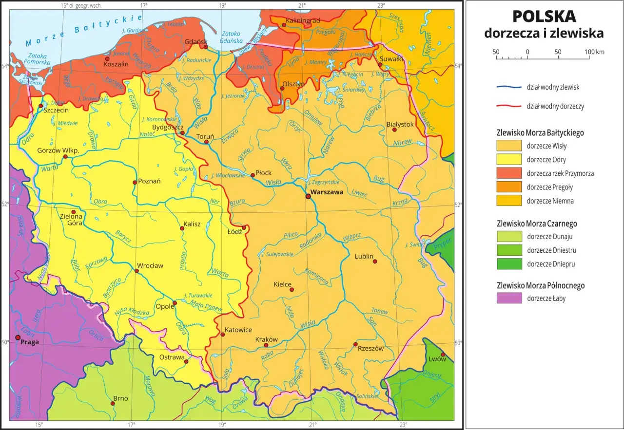 Mapa Polski z zaznaczonymi rzekami i zlewiskiem. Zobacz, gdzie leży Polska i jakie rzeki ją przecinają.