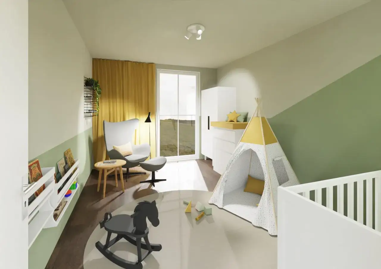Ein gemütliches Kinderzimmer mit einem Spielzelt, Schaukelpferd und Bücherregalen. Die Wände sind zweifarbig gestrichen, was tolle Kinderzimmer streichen Motive für die Wandgestaltung bietet.