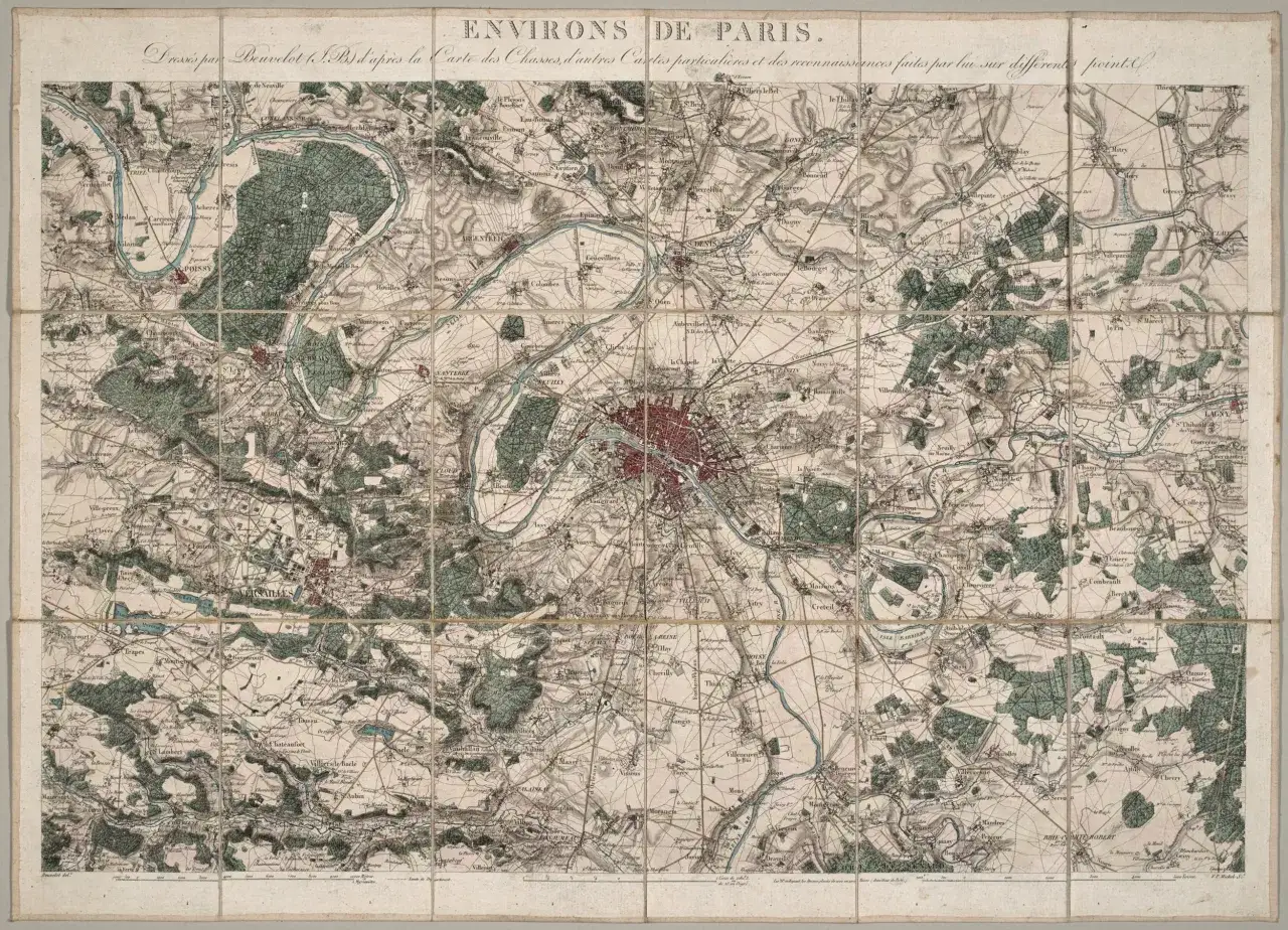 Stara mapa przedstawia okolice Paryża, gdzie widać rzekę Sekwanę i liczne lasy. W centrum mapy, w czerwonym kolorze, zaznaczono miasto, które jest stolicą Francji.