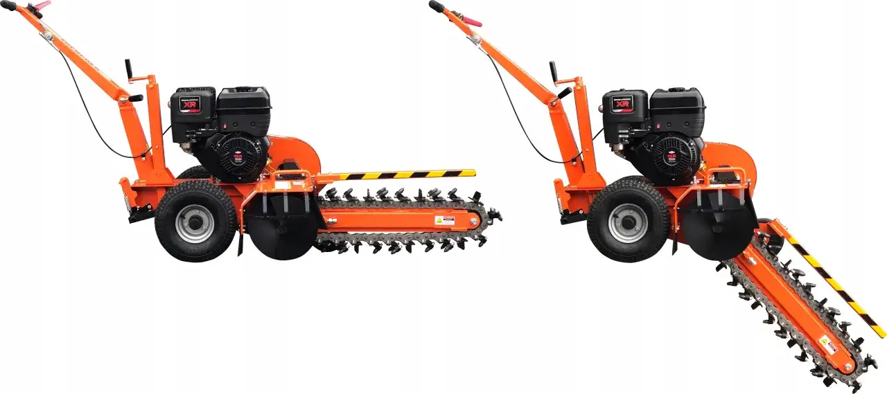 Pomarańczowa koparka do kabli z silnikiem Briggs & Stratton, gotowa do kopania rowów.