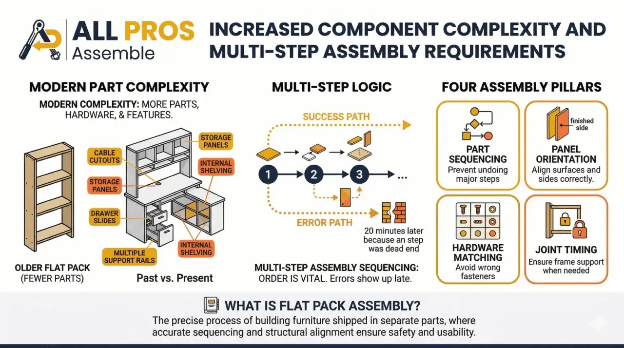 Diagram illustrating modern furniture assembly, showing complex parts, multi-step logic, and four assembly pillars for successful flat pack assembly.