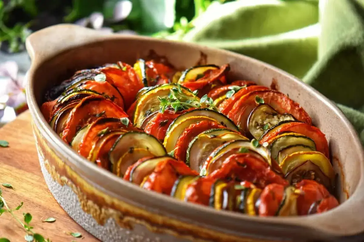 Ein Auflauf mit geschichteten Tomaten, Zucchini und Auberginen, garniert mit Kr&auml;utern. Perfekt f&uuml;r kalorienarme Rezepte.