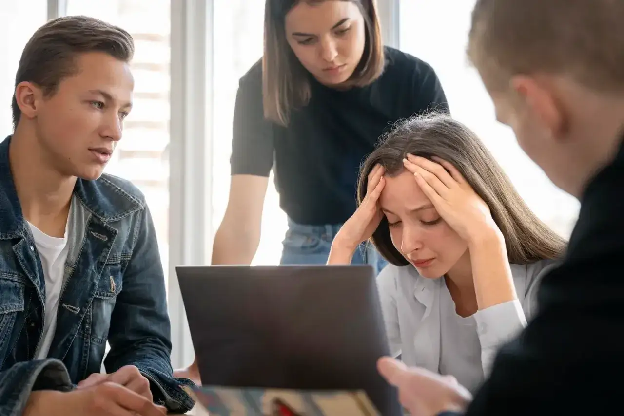 Trzech młodych ludzi przy laptopie, jeden z nich wyraźnie zestresowany. Wskazówka, jak sprawdzić toksyczną atmosferę w firmie jeszcze przed podpisaniem umowy.