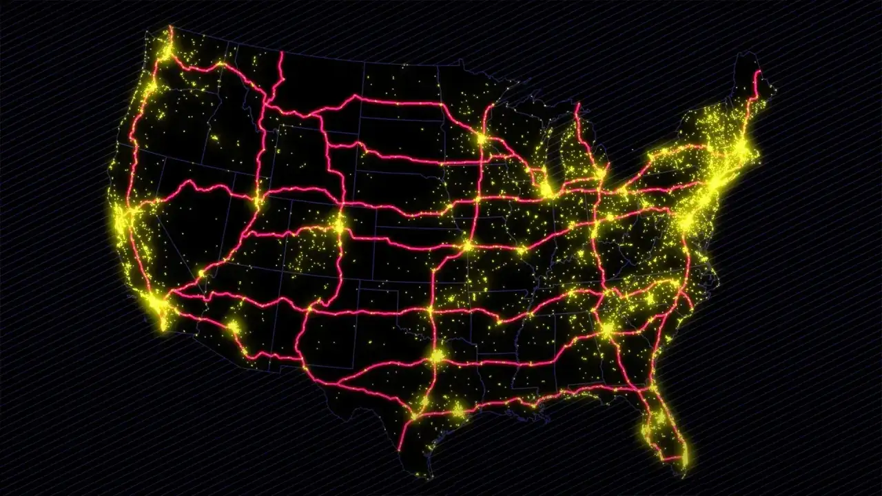 Mapa de EE.UU. con rutas de **estación carga vehículos eléctricos** iluminadas en rosa y ciudades en amarillo.