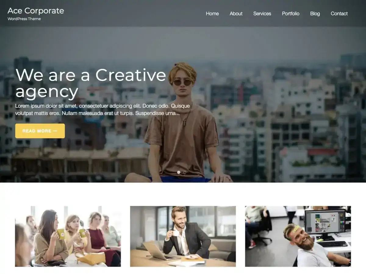 Strona główna motywu WordPress Ace Corporate. Młody mężczyzna na tle miasta, poniżej zdjęcia zespołu i pracy.