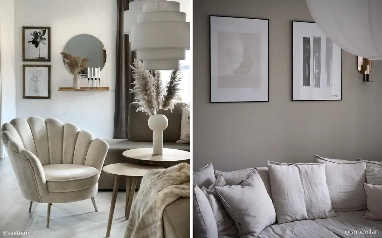 Vardagsrum med en mjuk, beige fåtölj och en soffa. Tavlor med linjer och abstrakta motiv pryder väggarna. En harmonisk inredning där man lyckats blanda beige och grått.